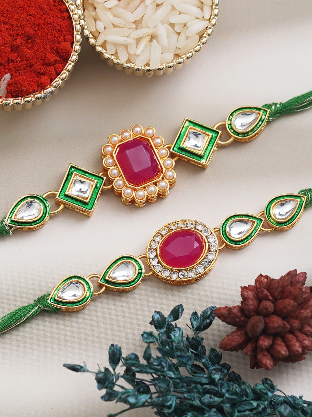

Anil Rakhi Unisex Set of 2 Kundan Studded & Beaded Designer Rakhis & Roli Chawal Pack, Pink