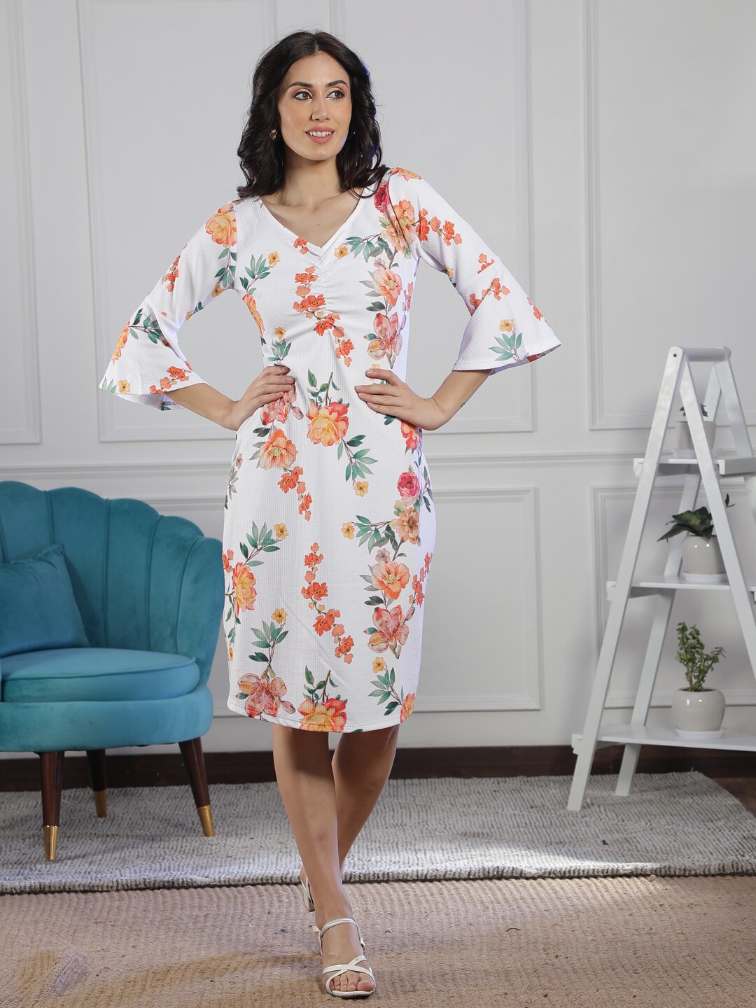 

NEUDIS Floral Print Flared Sleeve A-Line Dress, White