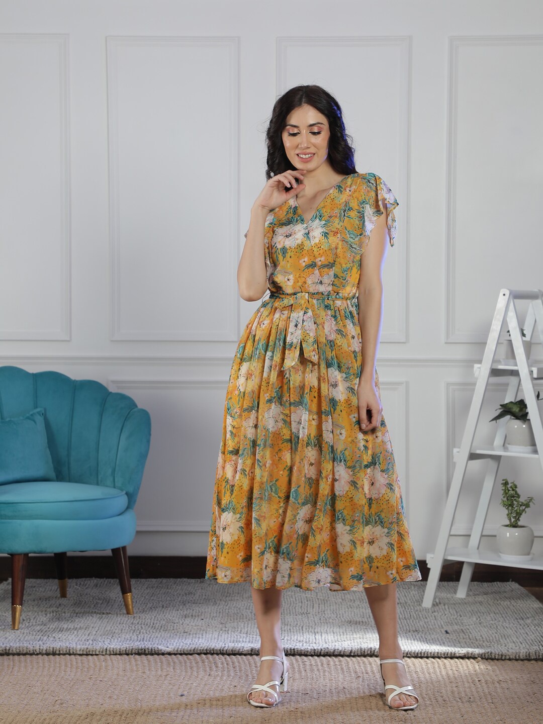 

NEUDIS Floral Print Flutter Sleeve Georgette Fit & Flare Midi Dress, Yellow