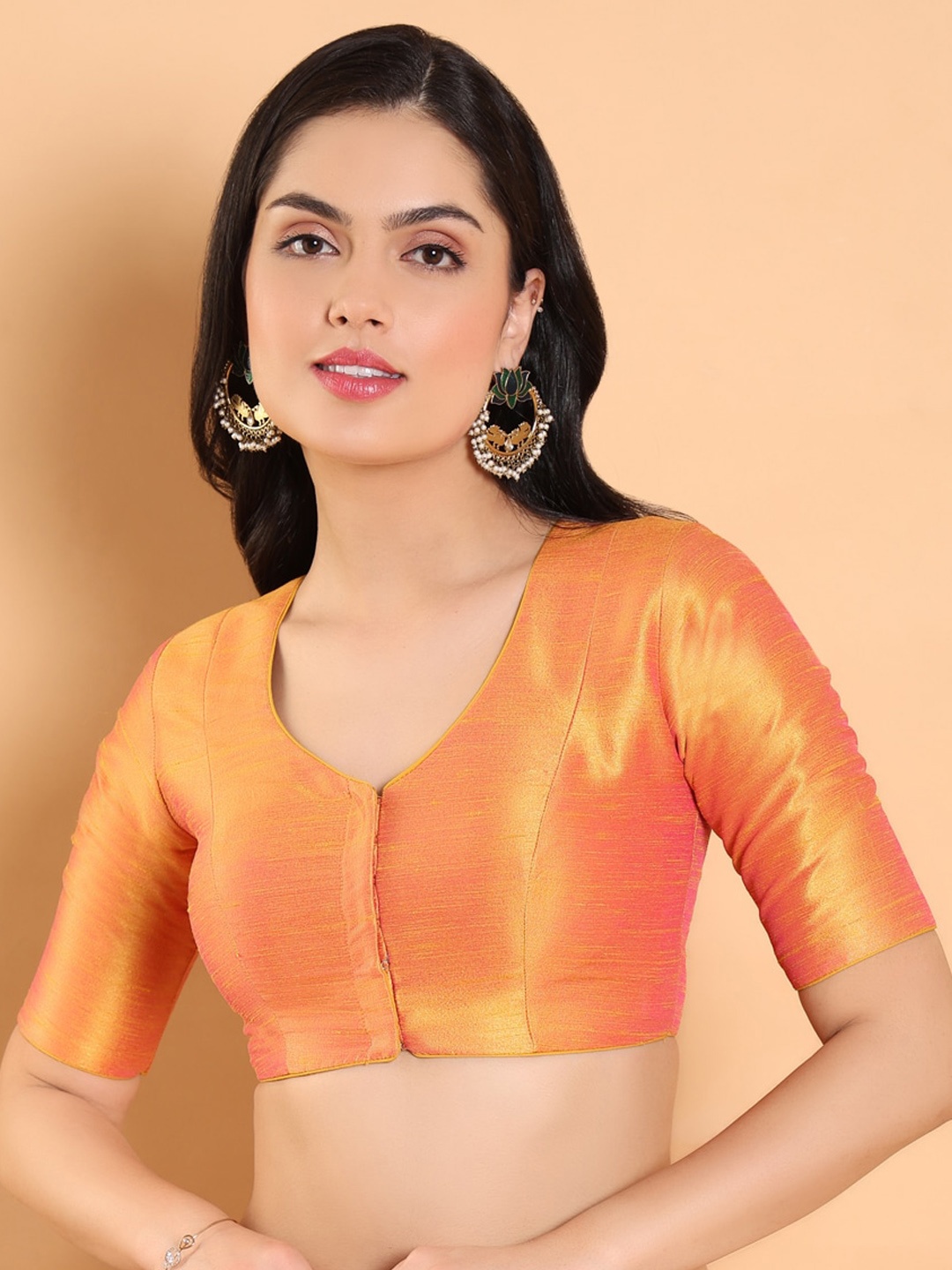 

SALWAR STUDIO V-Neck Silk Saree Blouse, Mustard