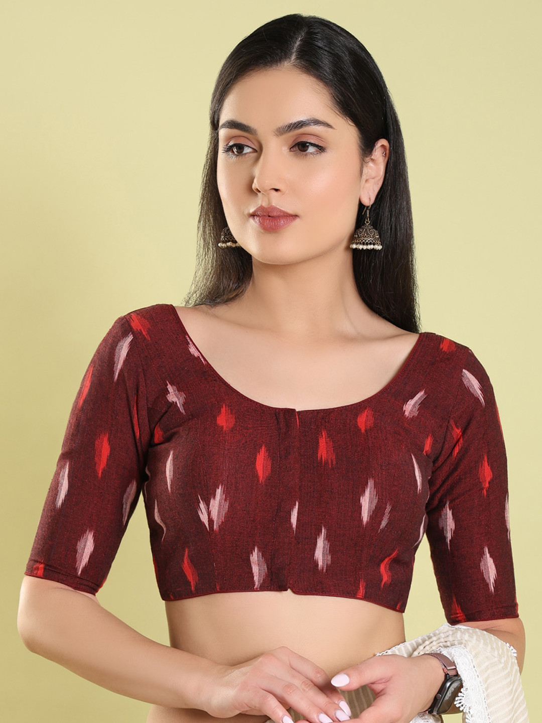 

SALWAR STUDIO Abstract Printed Cotton Readymade Saree Blouse, Maroon