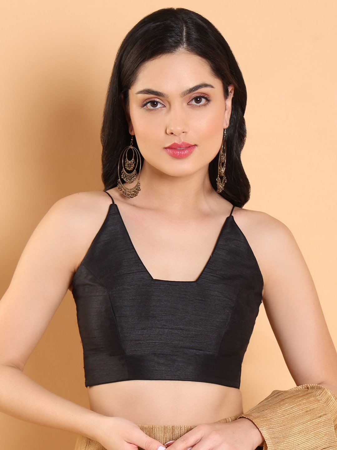 

SALWAR STUDIO Silk Square Neck Readymade Saree Blouse, Black