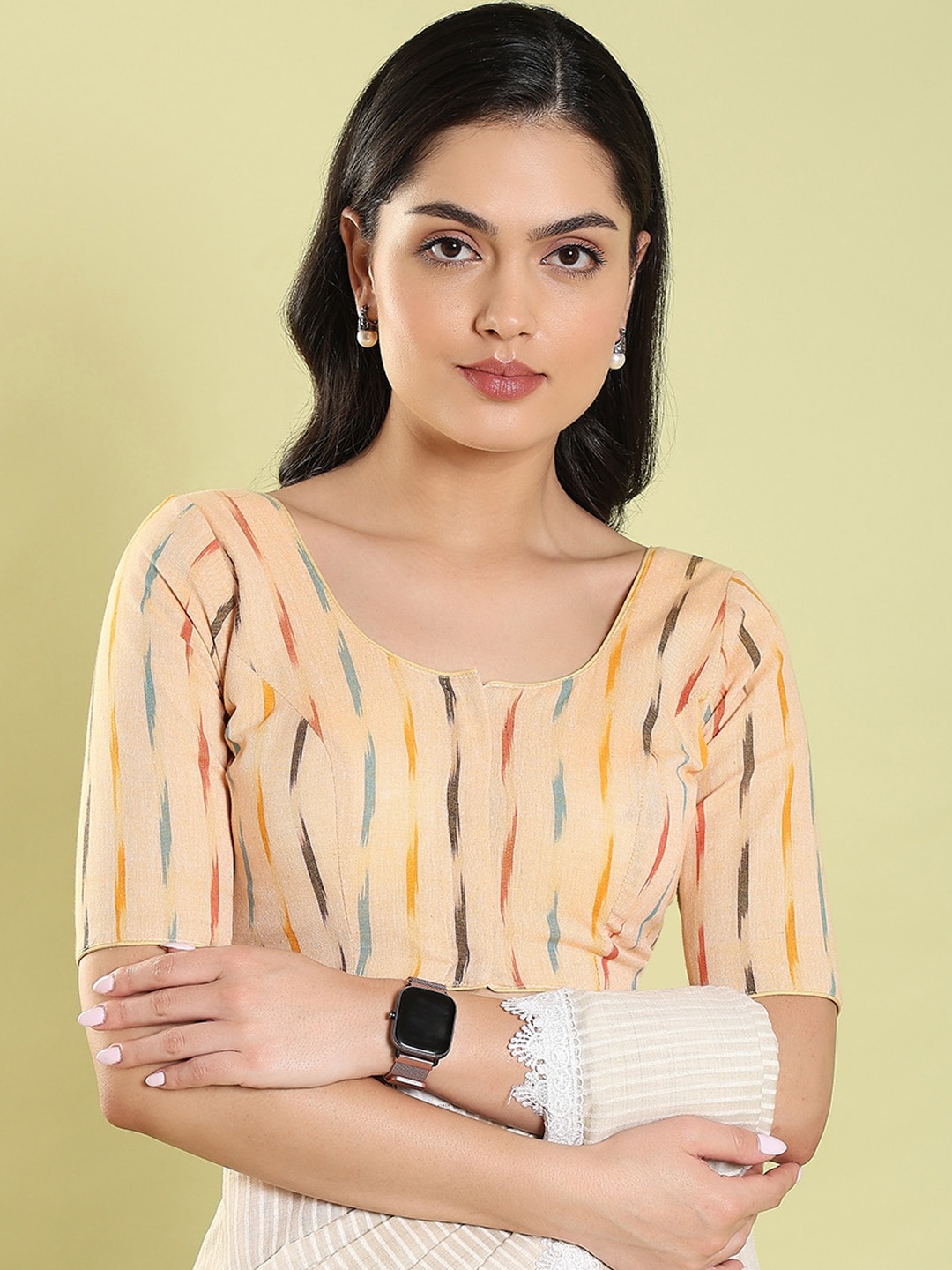 

SALWAR STUDIO Printed Cotton Readymade Saree Blouse, Peach