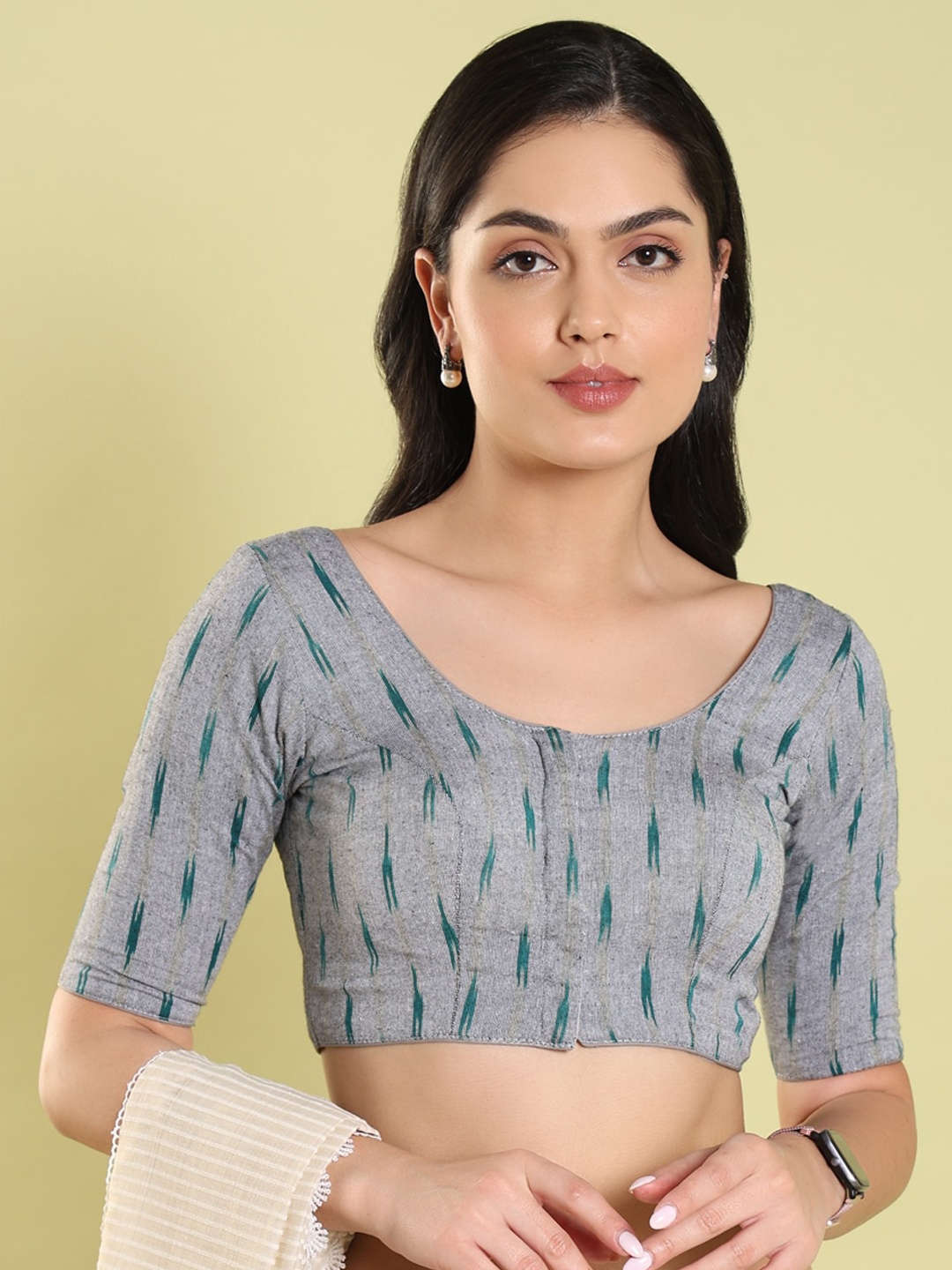 

SALWAR STUDIO Geometric Printed Cotton Readymade Saree Blouse, Grey