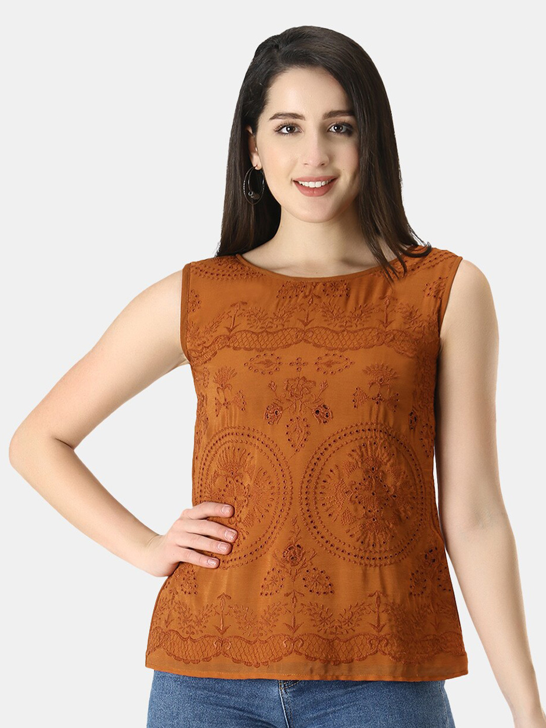 

URG Self Designed Round Neck Sleeveless Cotton Top, Mustard