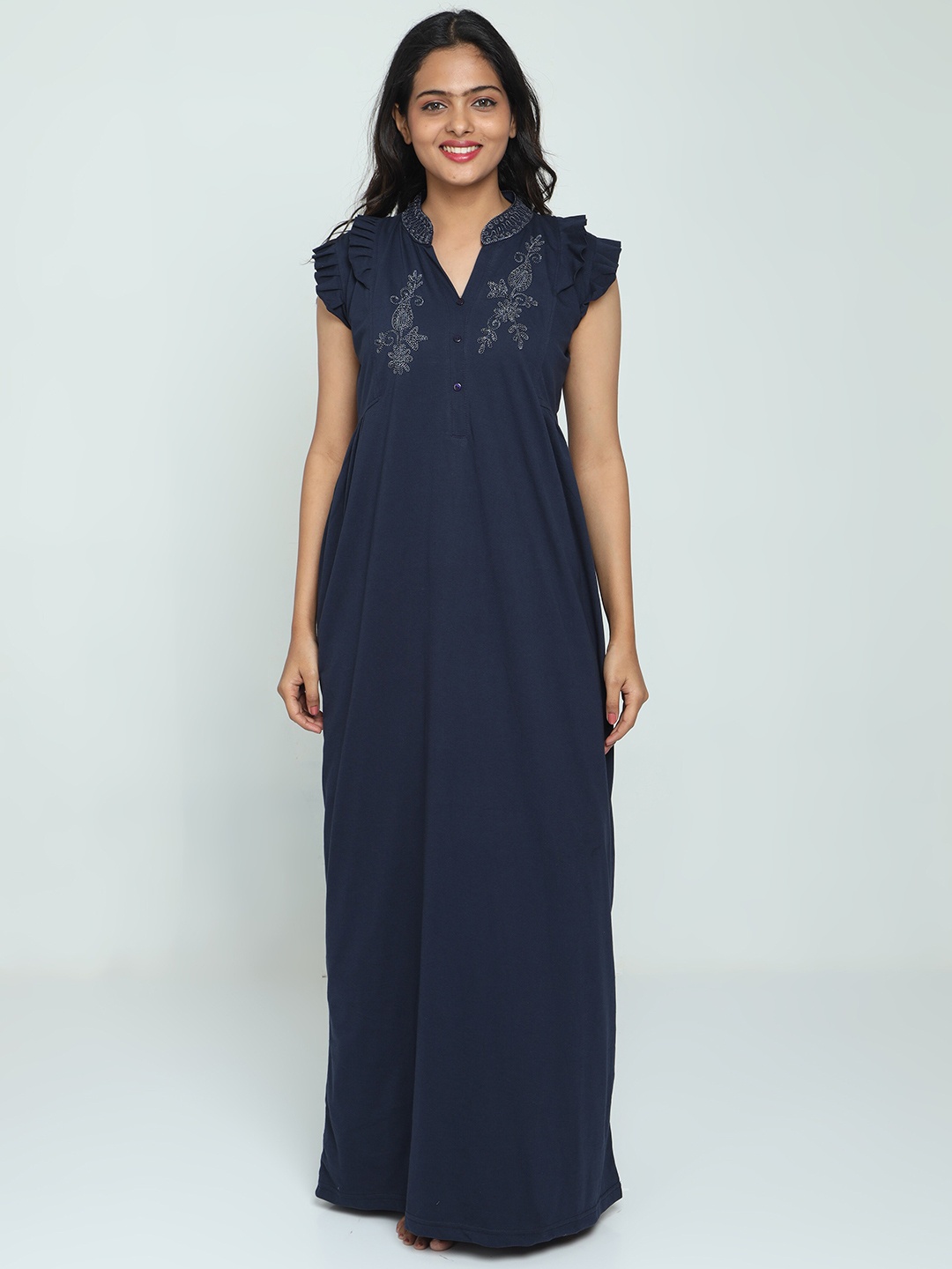 

9shines Label Embroidered Maxi Nightdress, Navy blue