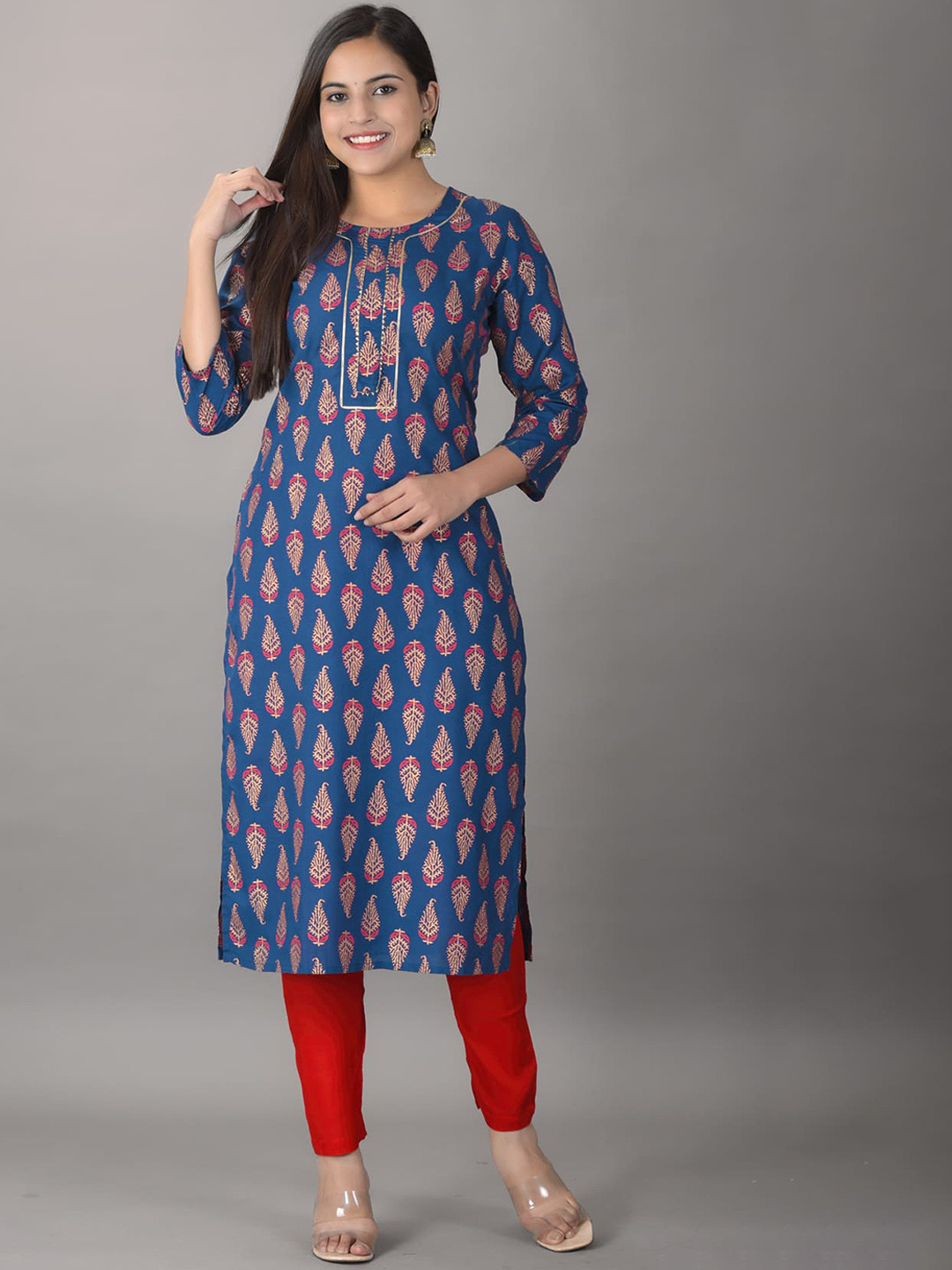 

KPF Ethnic Motifs Printed Gotta Patti Straight Kurta With Trousers & Dupatta, Blue