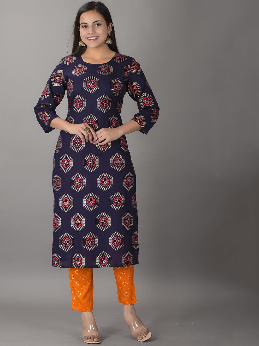 

KPF Geometric Printed Gotta Patti Regular Kurta With Trousers & Dupatta, Blue