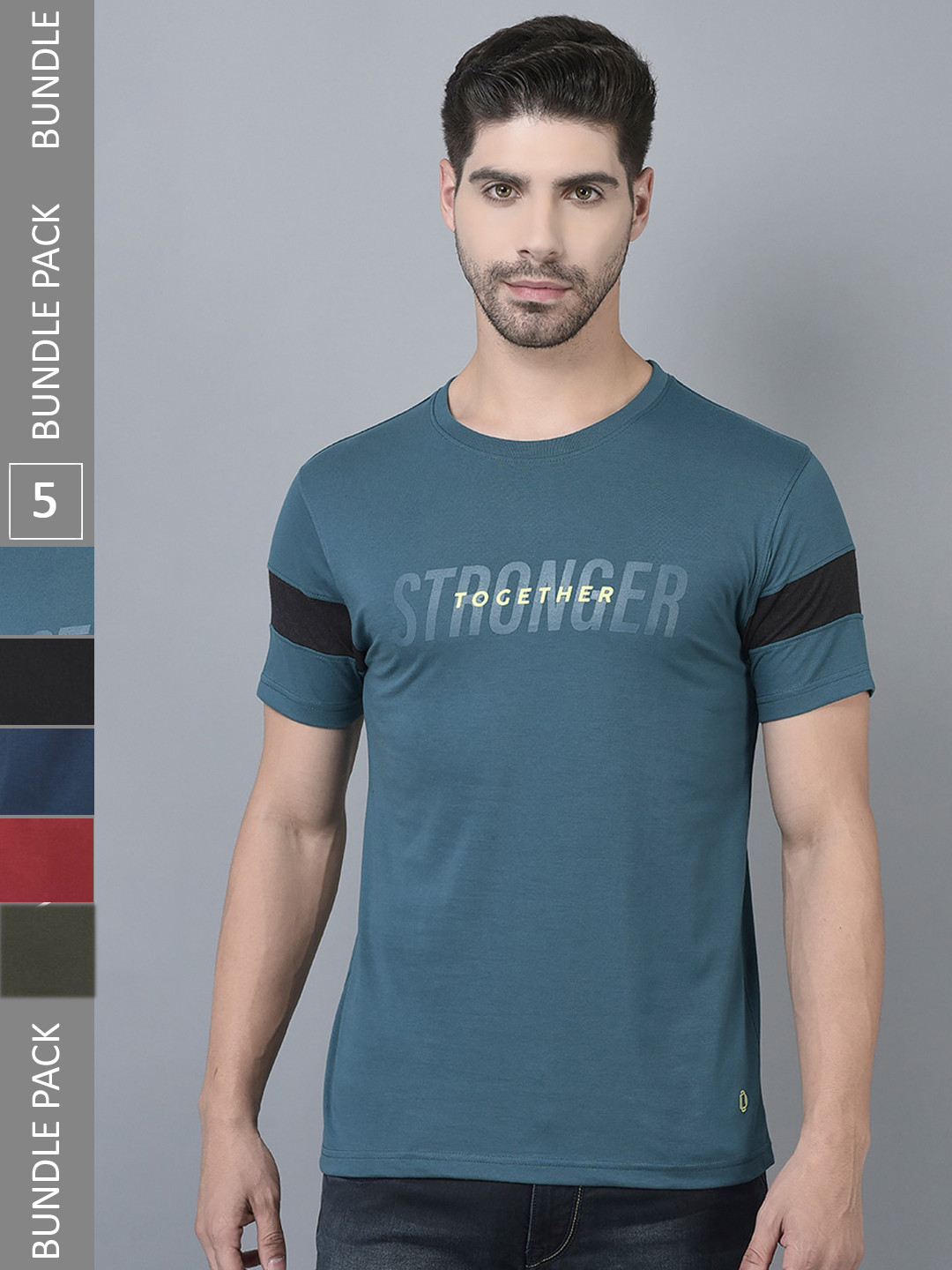 

Dollar Pack Of 5 Typography Printed Cotton T-shirts, Teal
