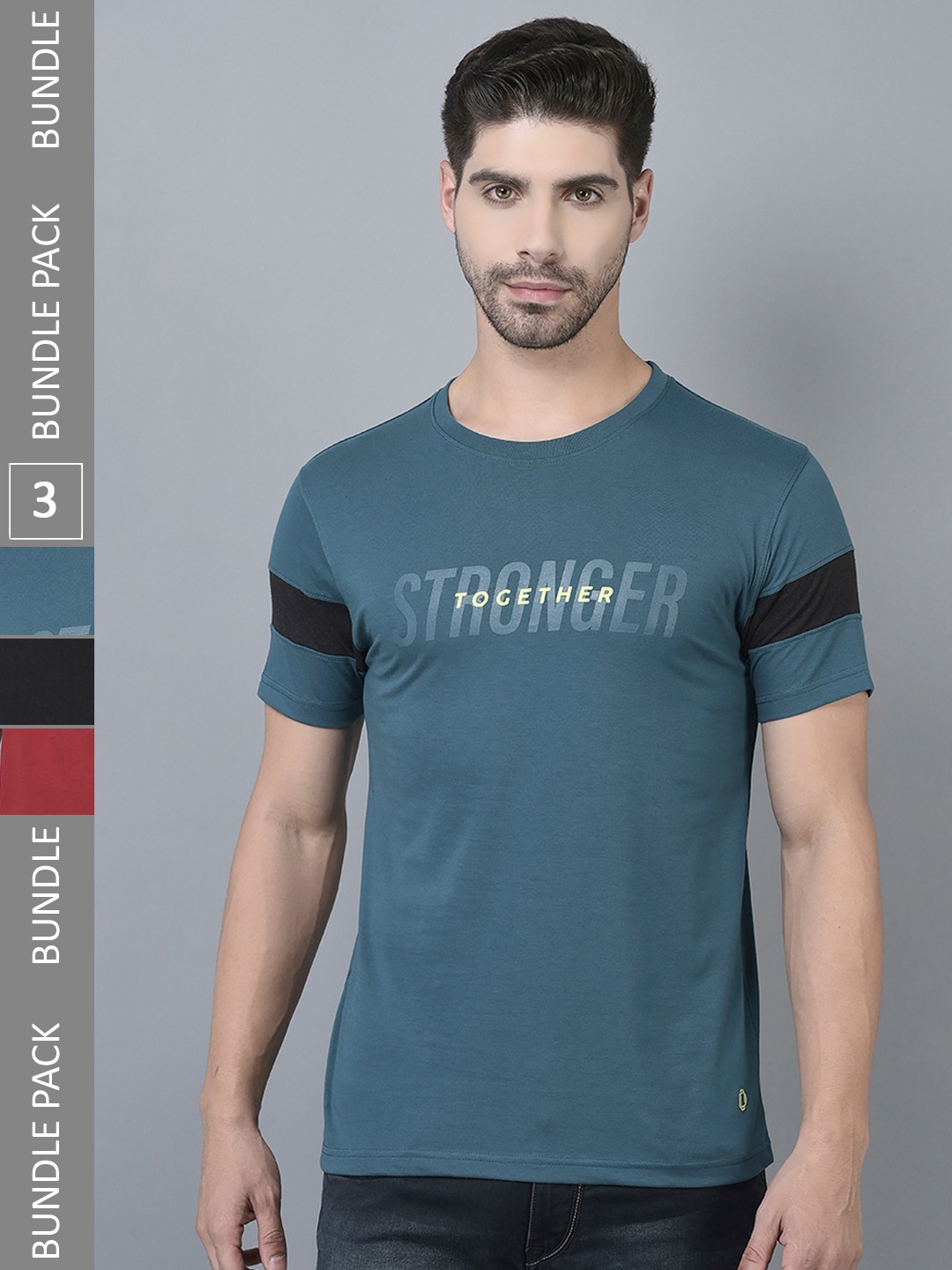 

Dollar Pack Of 3 Typography Printed Cotton T-shirts, Teal