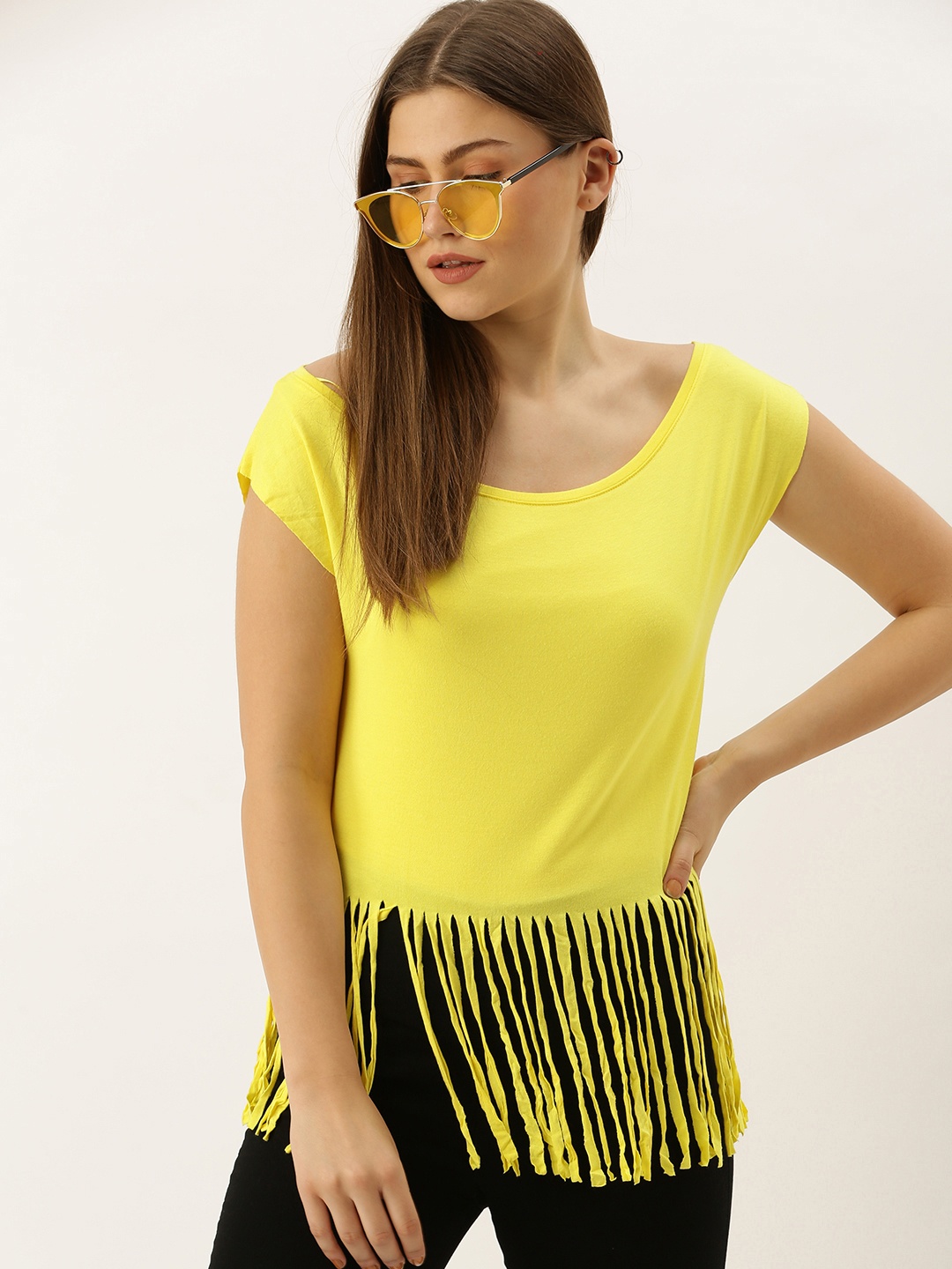 

Splash Women Yellow Solid Knitted Regular Fringed Hem Top