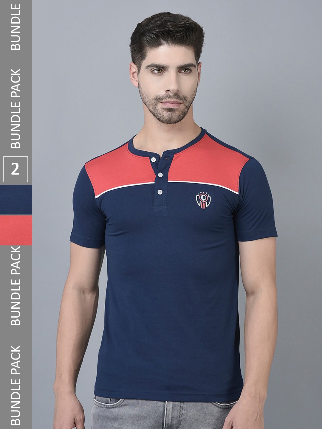 

Dollar Pack Of 2 Colourblocked Henley Neck Cotton T-shirt, Red