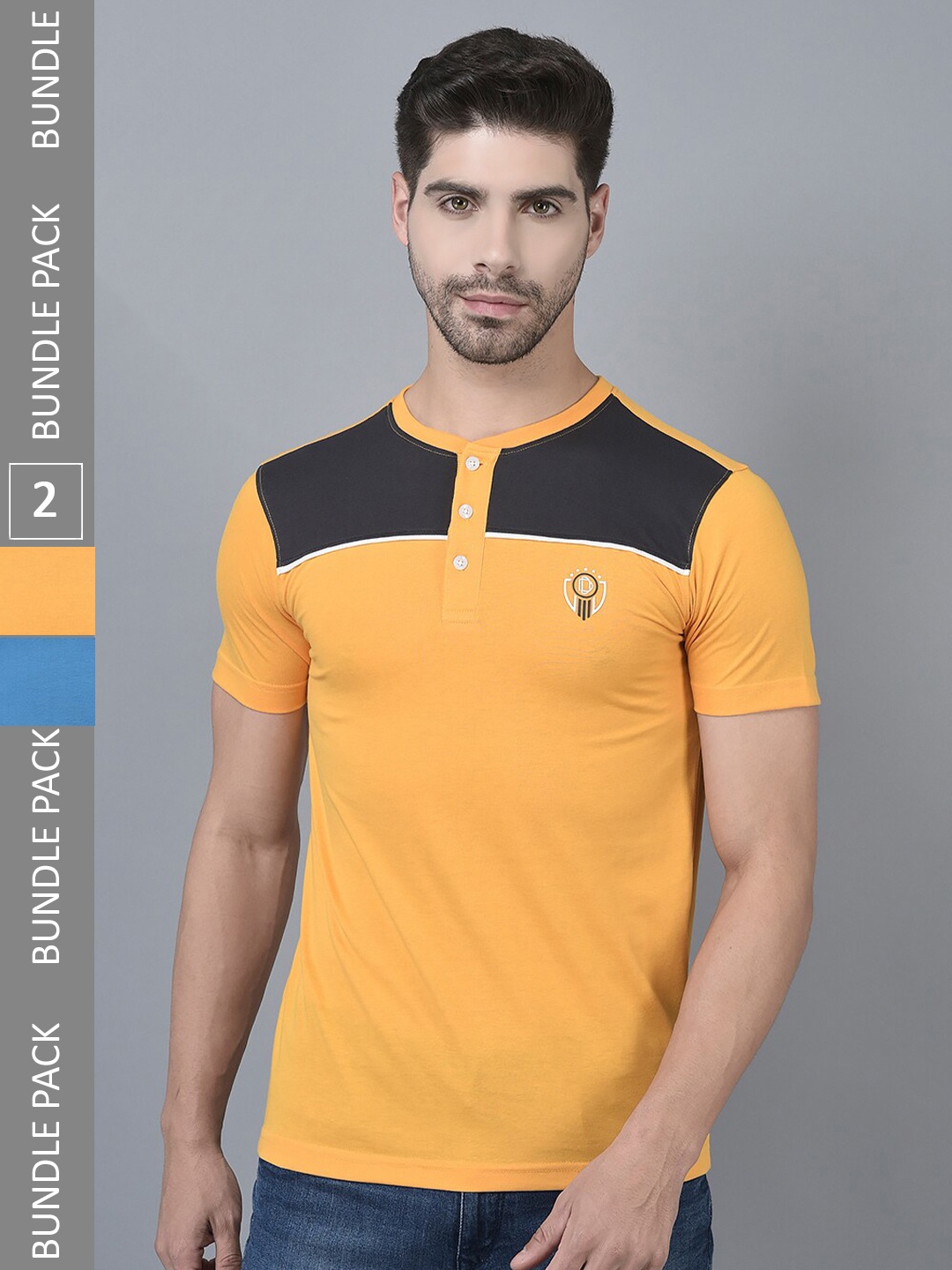 

Dollar Pack Of 2 Colourblocked Henley Neck Cotton T-shirt, Yellow