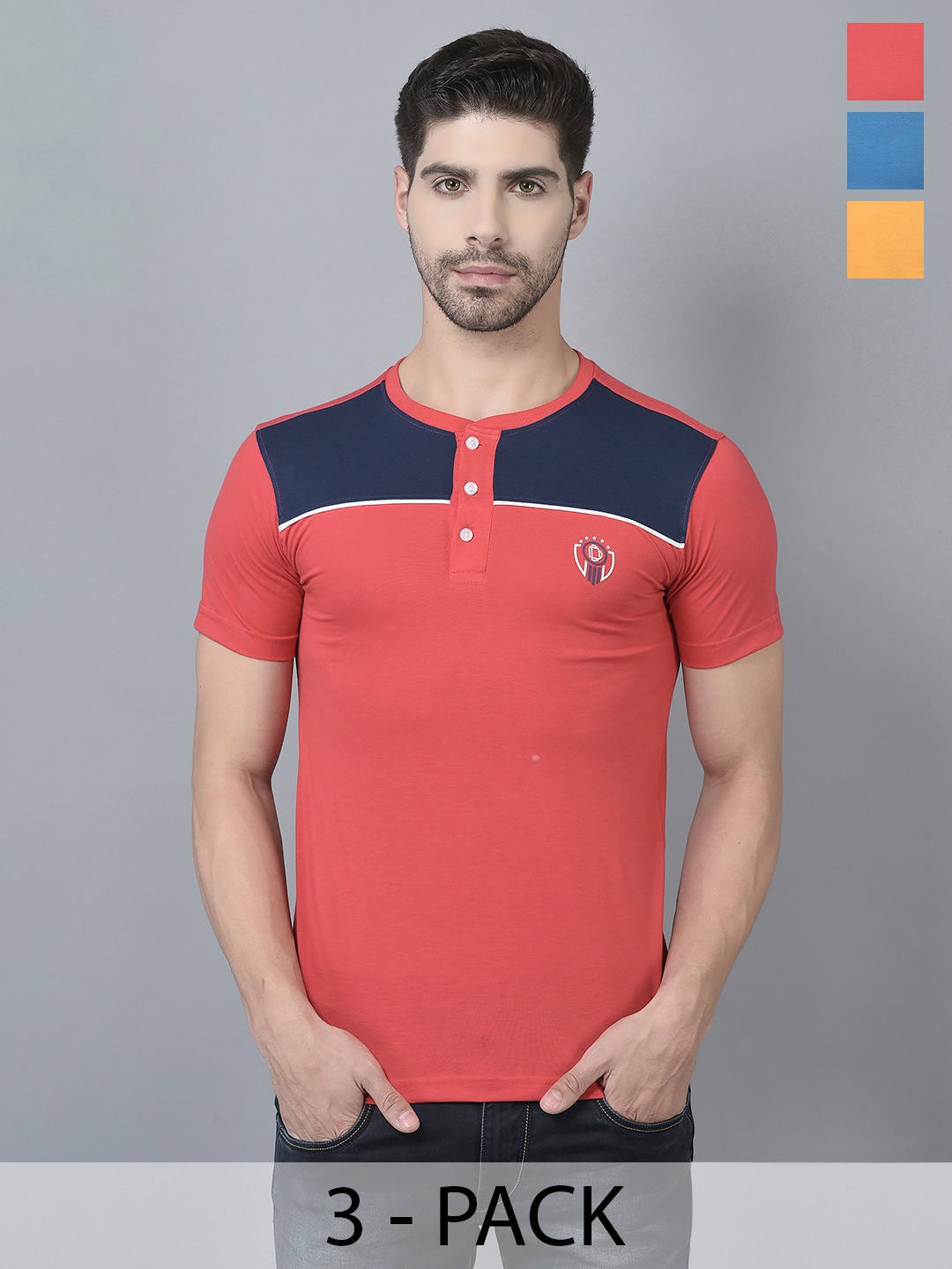 

Dollar Pack Of 3 Colourblocked Henley Neck T-shirt, Coral