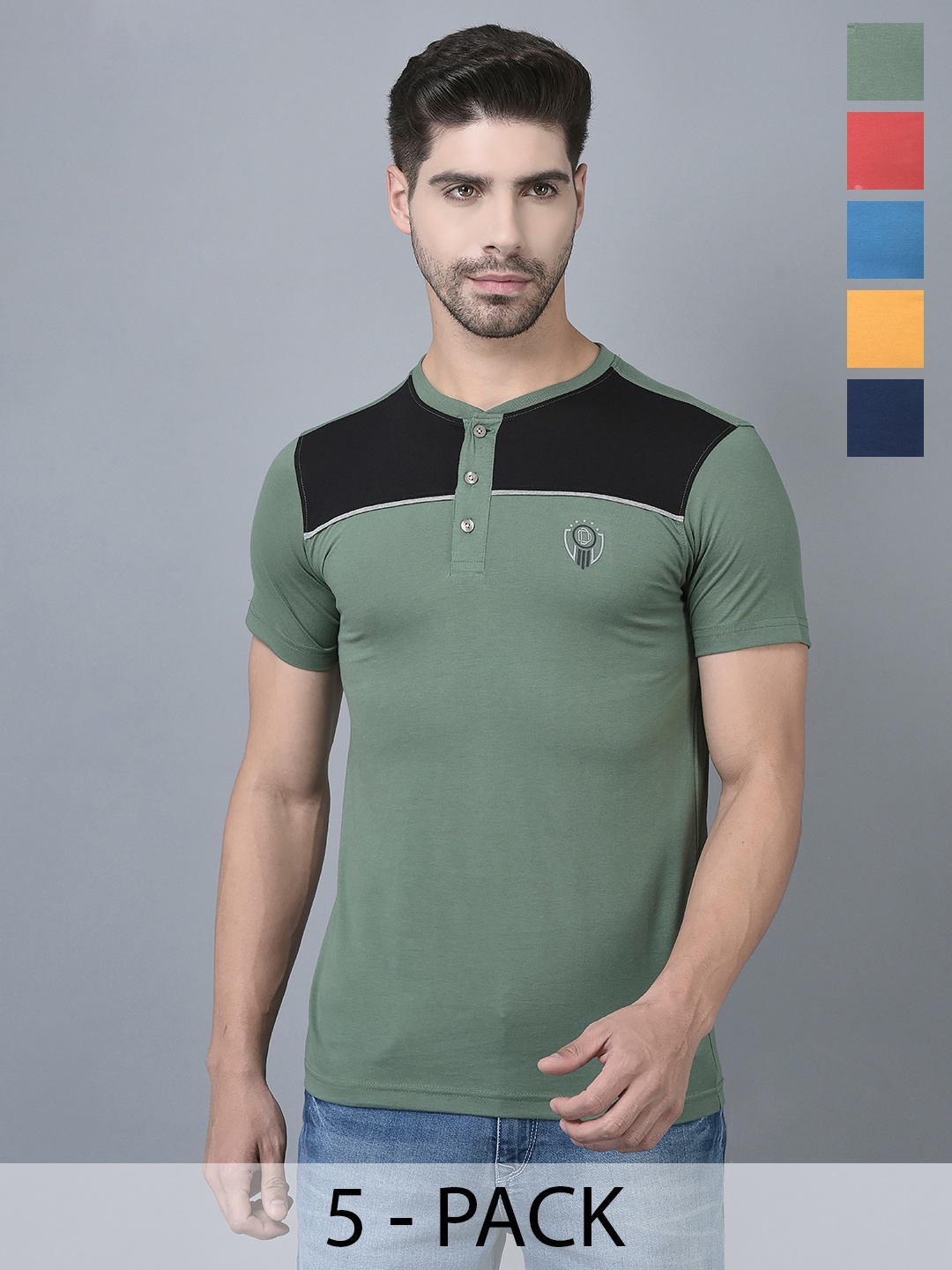 

Dollar Pack Of 5 Colourblocked Henley Neck T-shirt, Green