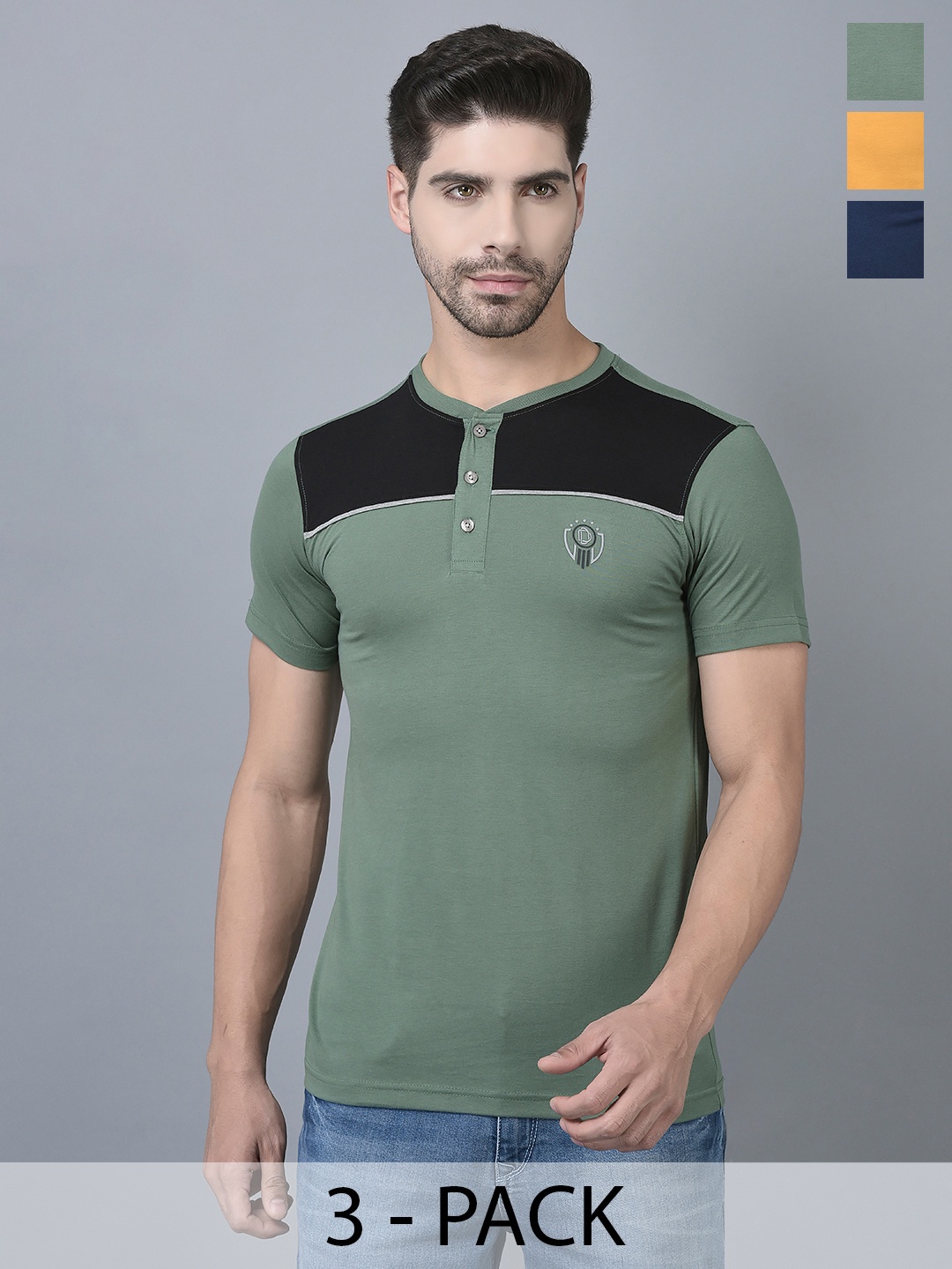 

Dollar Pack Of 3 Colourblocked Henley Neck T-shirt, Green