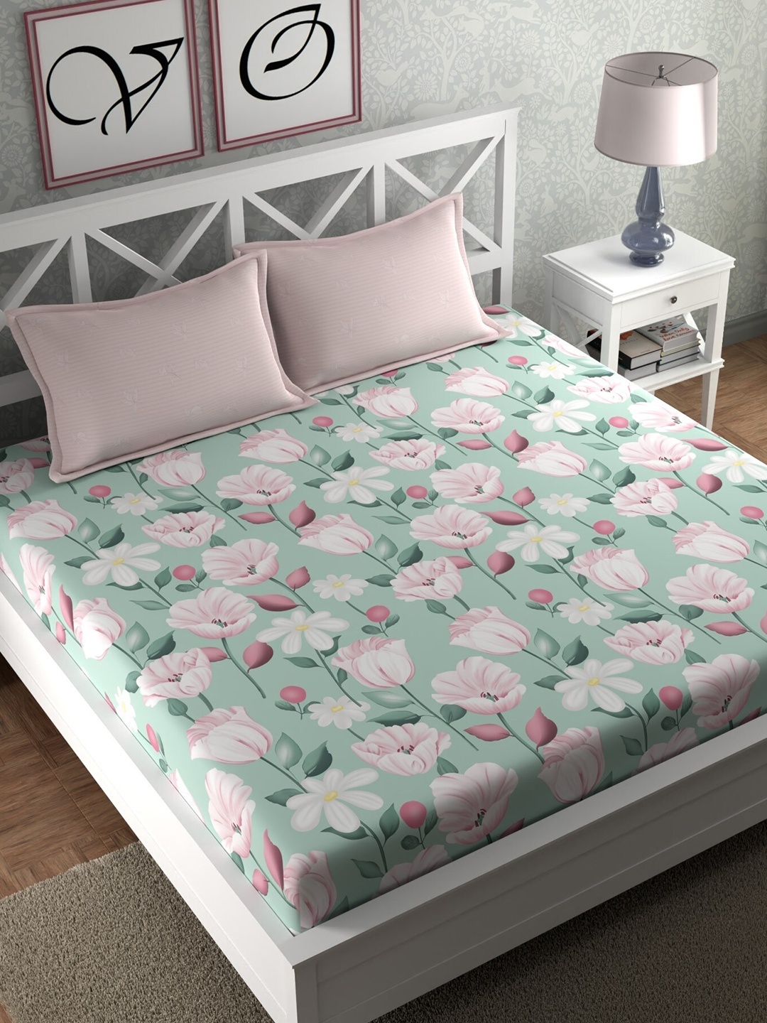 

CHHAVI INDIA Pink & Green Printed 210 TC King Bedsheet with 2 Pillow Covers