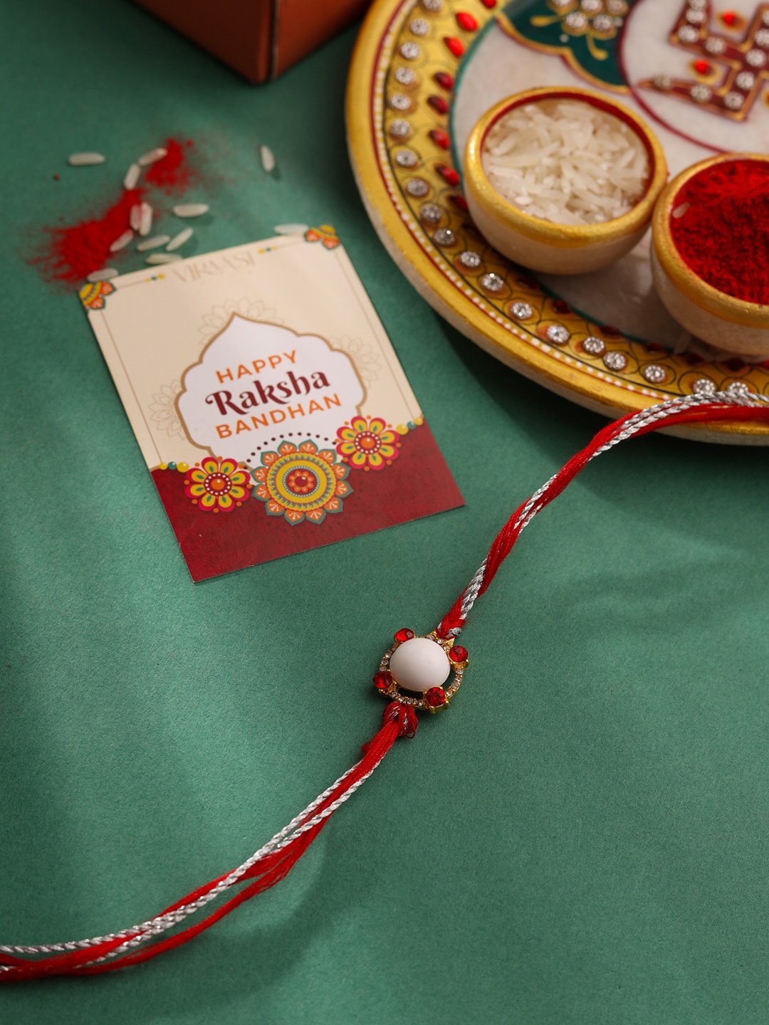 

VIRAASI Men White Pearl Rakhi with Roli Chawal & Card, Red