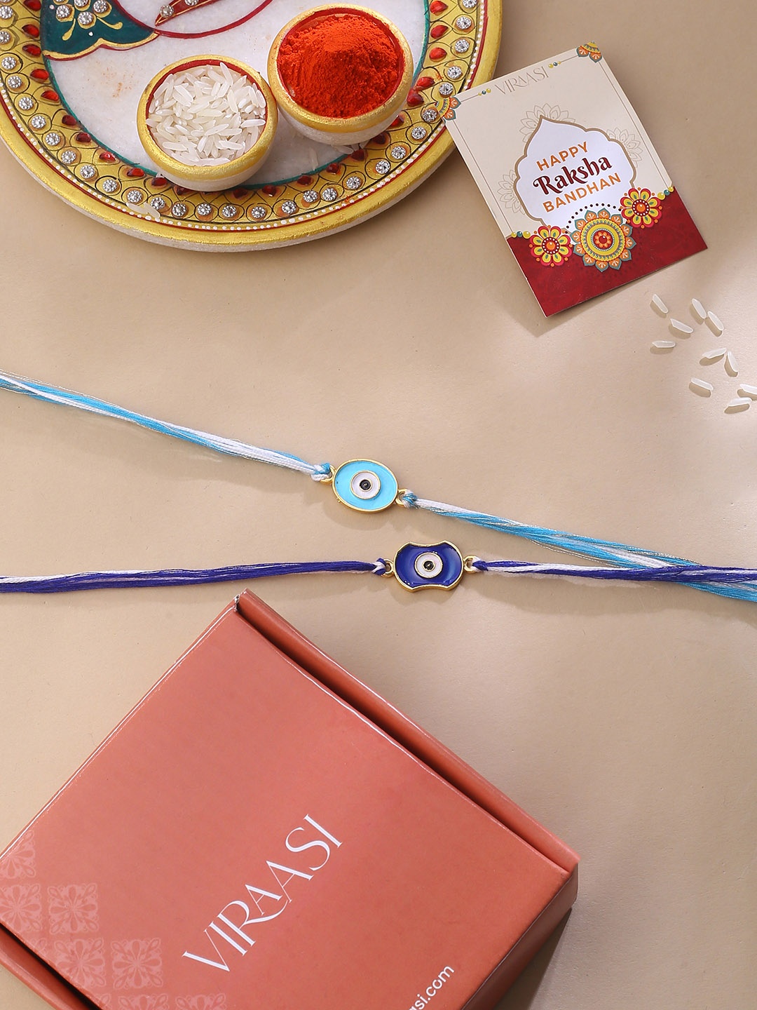 

VIRAASI Set of 2 Tie-Up Rakhi with Roli Chawal & Greeting Card, Gold