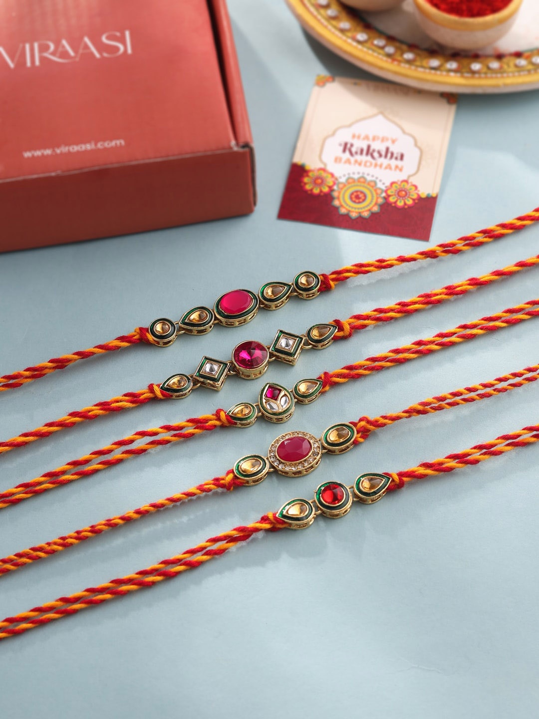 

VIRAASI Set of 5 Kundan Rakhi With Roli Chawal & Card, Gold