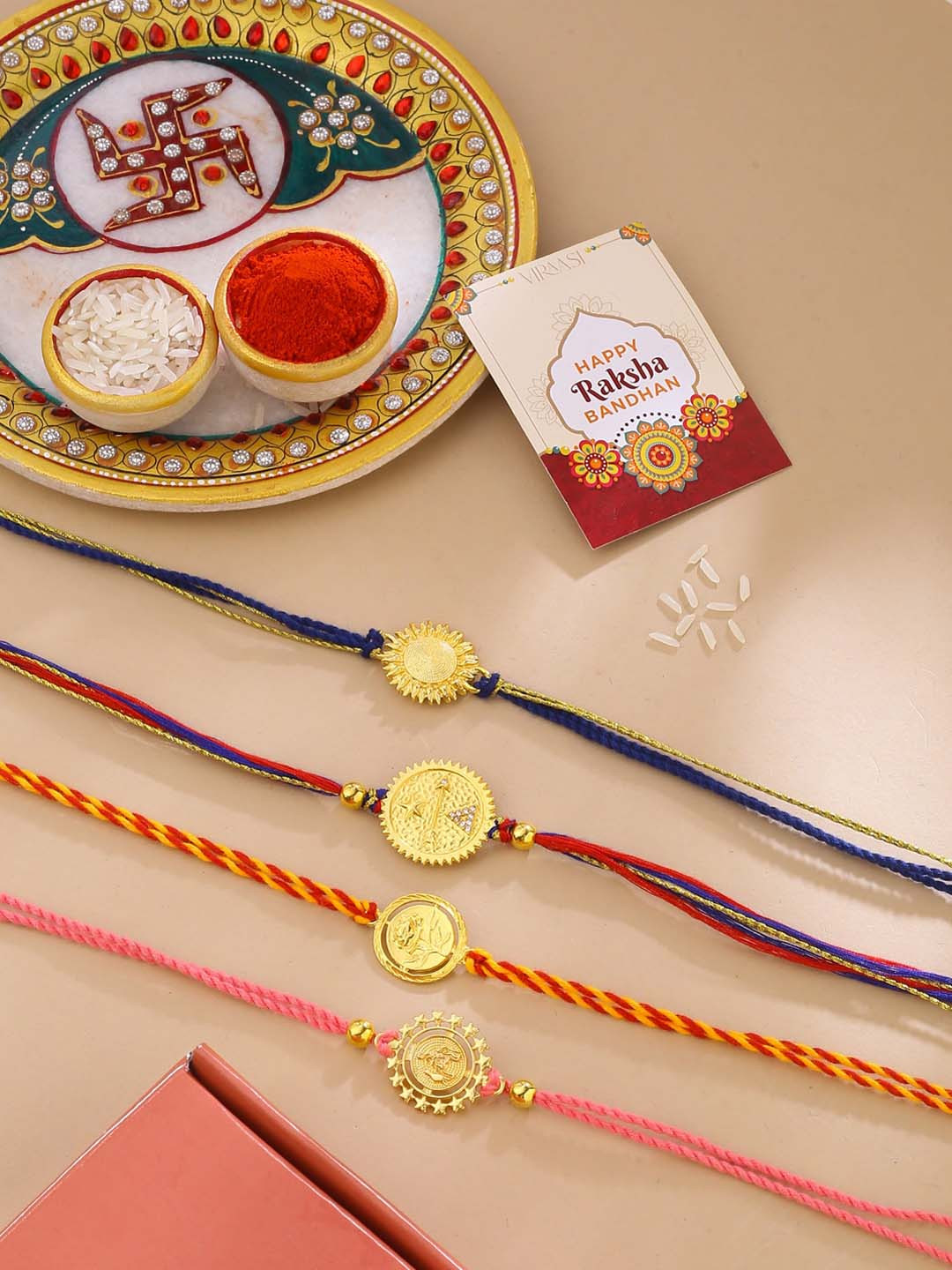 

VIRAASI Set Of 4 Gold-Plated Rakhis With Roli Chawal & Card