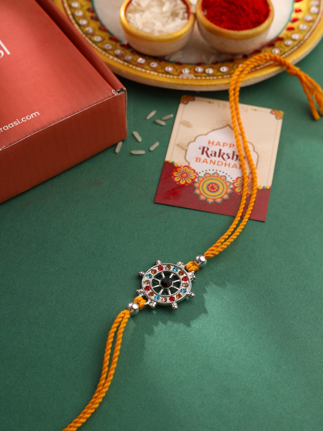 

VIRAASI Ship Wheel Motif Rakhi With Roli Chawal & Card, Gold