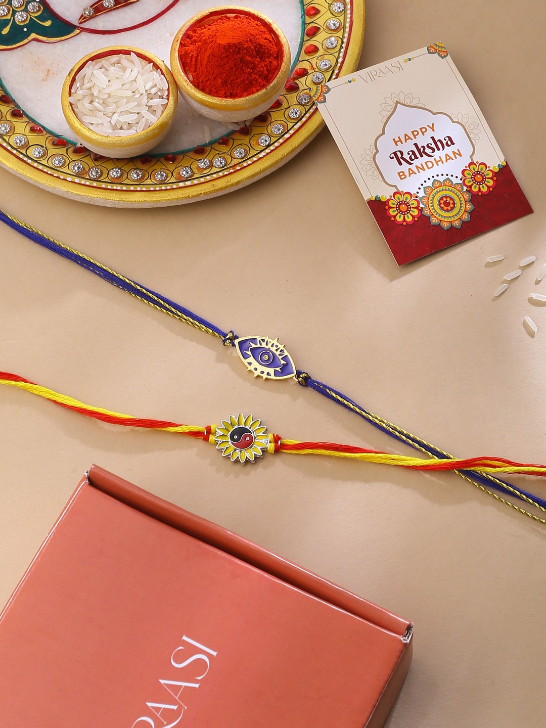

VIRAASI Men Set Of 2 Evil Eye Thread Rakhis, Gold