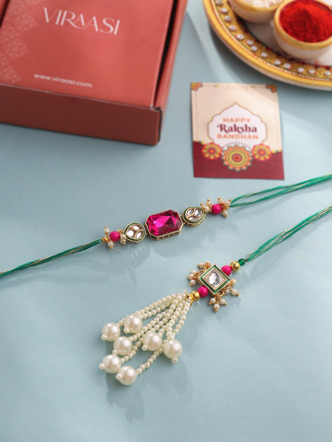 

VIRAASI Set of 2 Kundan Tie-Up Rakhi with Roli Chawal & Greeting Card, Gold