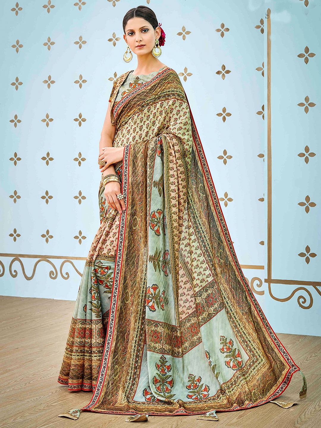 

SAPTRANGI Floral Printed Art Silk Saree, Brown