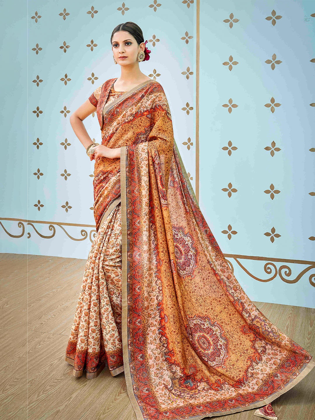 

SAPTRANGI Floral Printed Saree, Brown