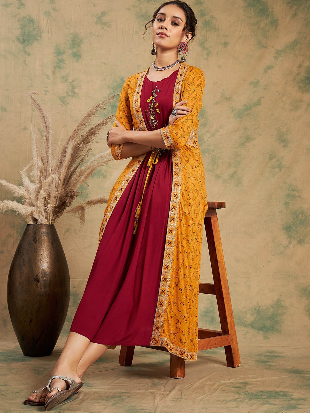 

Sangria Embroidered A-line Kurta With Longline Shrug, Mustard