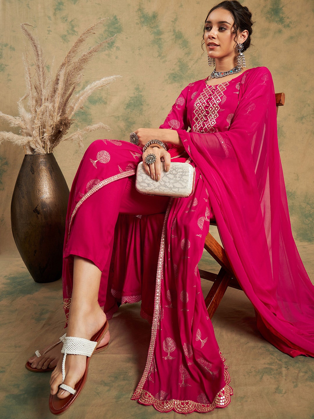 

Sangria Ethnic Motifs Printed Mirror Work A-Line Kurta Set & Dupatta, Pink