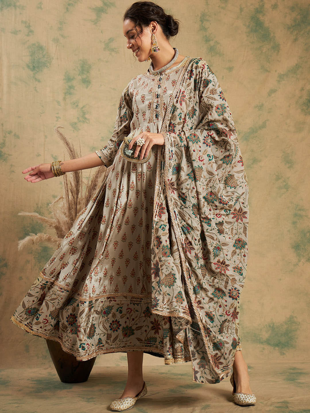 

Sangria Grey Floral Printed Fit and Flare Pleated Gotta Patti Ethnic Dresses With Dupatta
