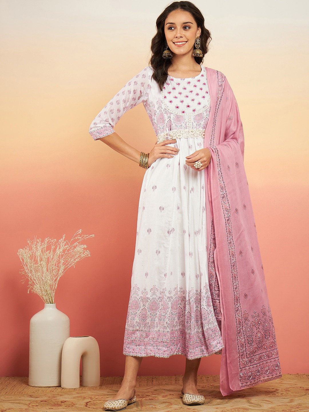 

Sangria Embroidered Mirror Work Pure Cotton Anarkali Kurta With Dupatta, Pink