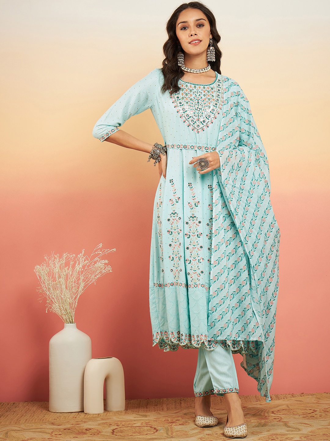 

Sangria Floral Embroidered Mirror Work Anarkali Kurta with Trousers & Dupatta, Turquoise blue