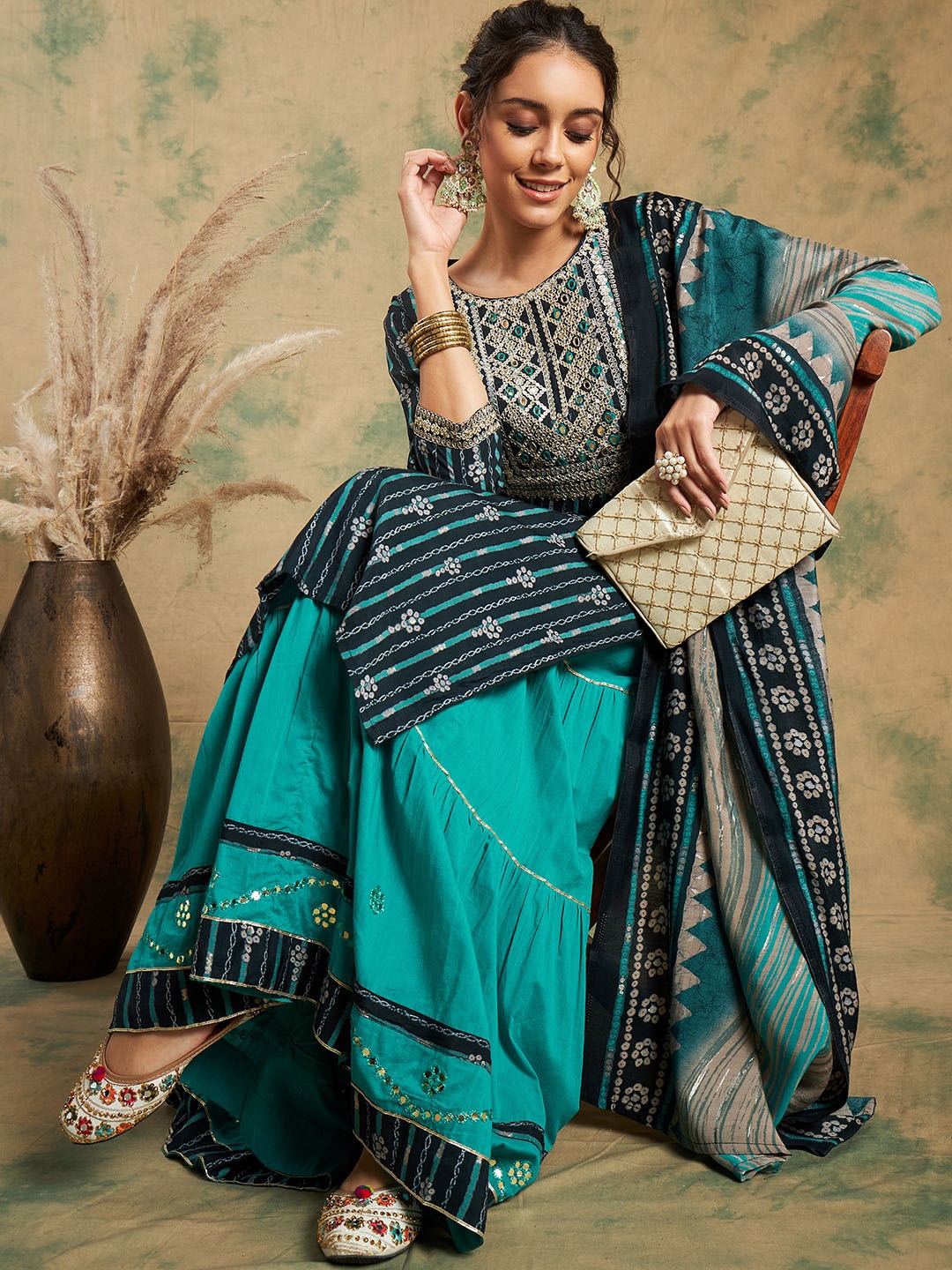 

Sangria Ethnic Motifs Printed Embroidered Mirror Work Straight Kurta & Skirt With Dupatta, Turquoise blue