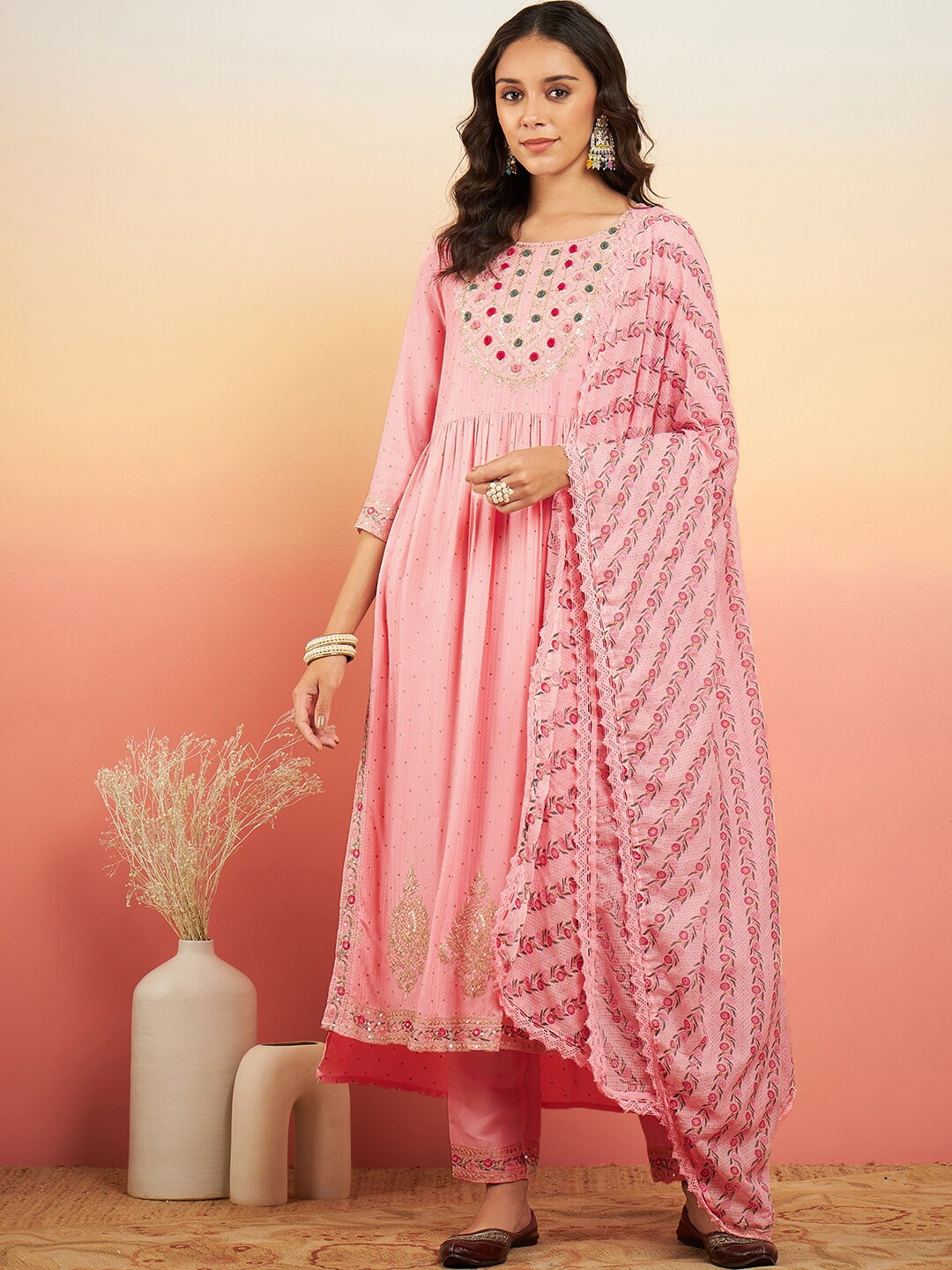 

Sangria Ethnic Motifs Embroidered A-Line Kurta With Trousers & Dupatta, Pink
