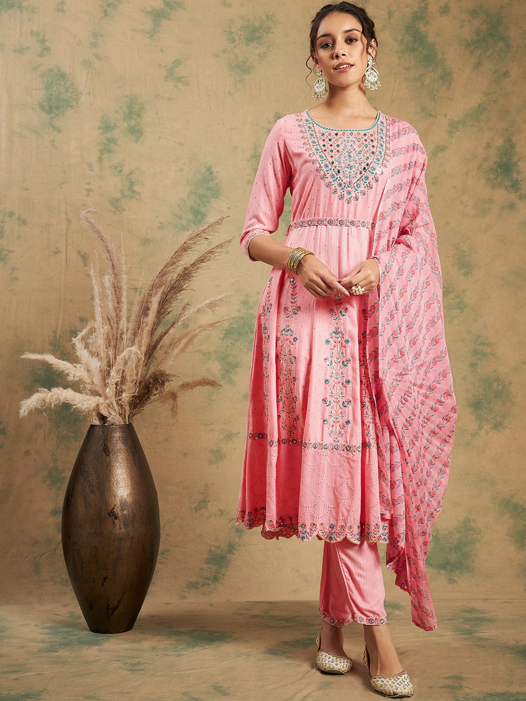 

Sangria Floral Embroidered Mirror Work Anarkali Kurta & Trousers With Dupatta, Pink