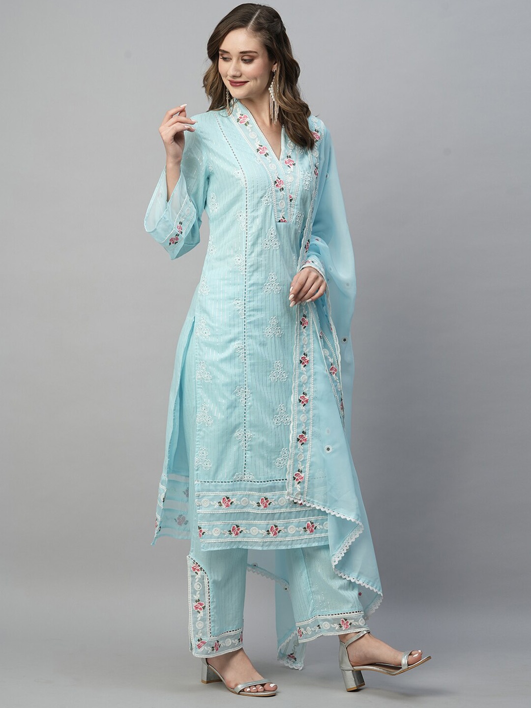 

HEEPOSH V Neck Floral Embroidered Thread Work Pure Cotton Kurta & Palazzos With Dupatta, Blue