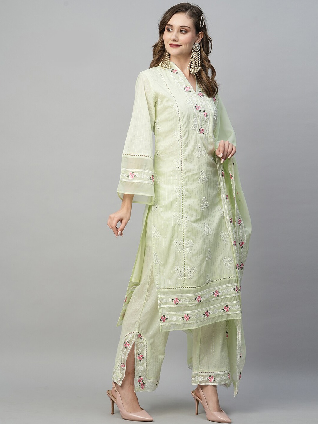 

HEEPOSH Floral Embroidered Thread Work Straight Kurta with Palazzos & Dupatta, Lime green