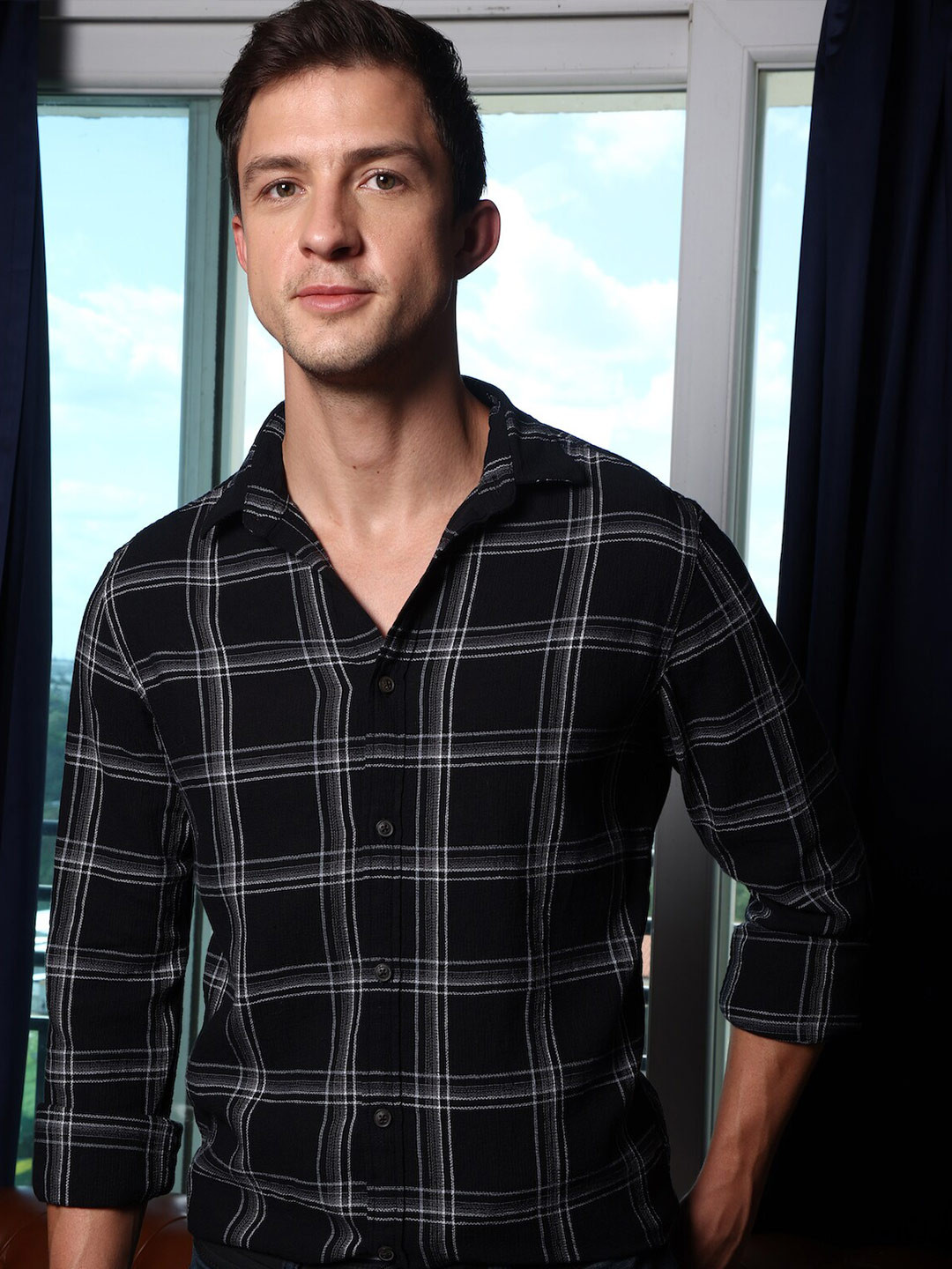 

POE Classic Slim Fit Tartan Checks Opaque Checked Casual Shirt, Black