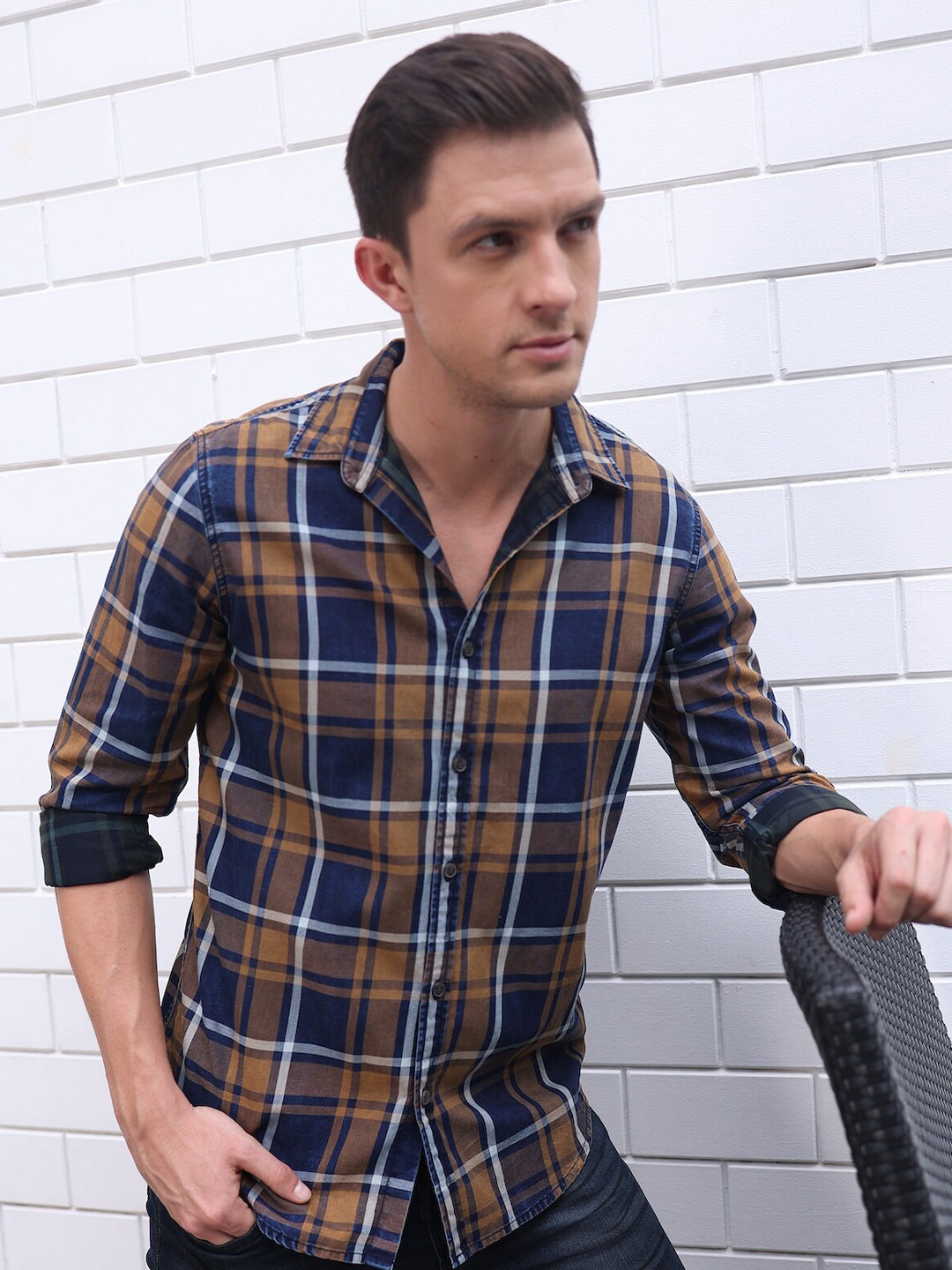 

POE Classic Slim Fit Tartan Checks Opaque Checked Casual Shirt, Khaki