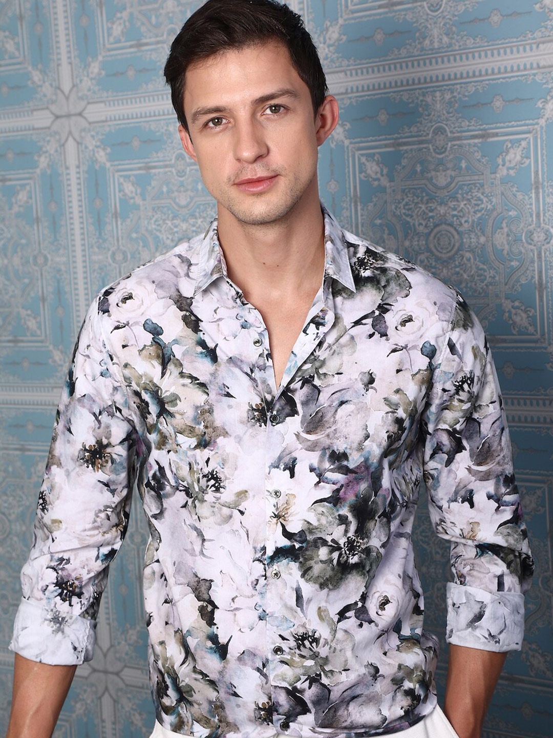 

POE Classic Slim Fit Floral Opaque Printed Casual Shirt, Grey