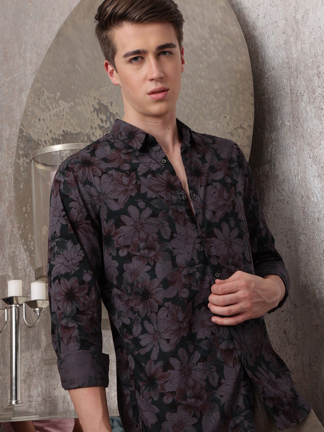 

POE Classic Slim Fit Floral Printed Spread Collar Long Sleeves Casual Shirt, Black