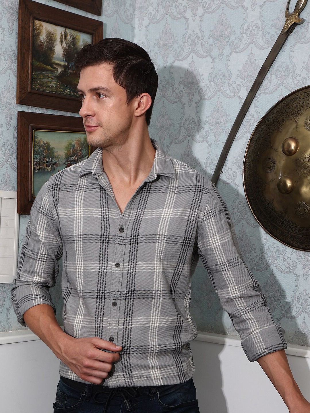 

POE Classic Slim Fit Tartan Checked Casual Shirt, Grey
