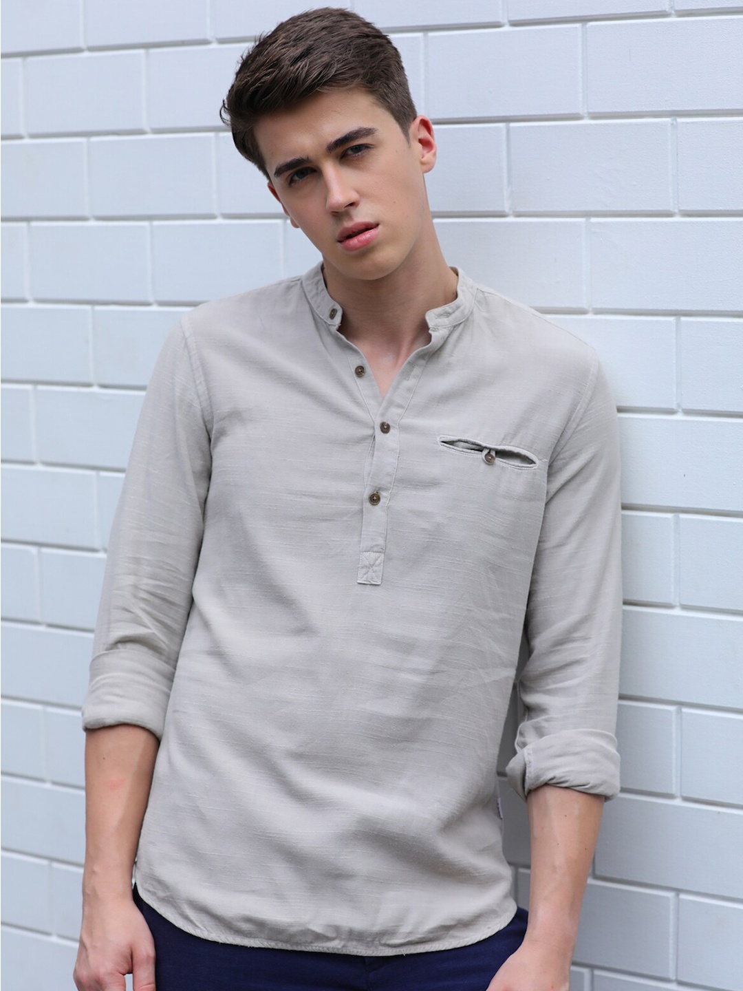 

POE Classic Slim Fit Band Collar Casual Shirt, Grey