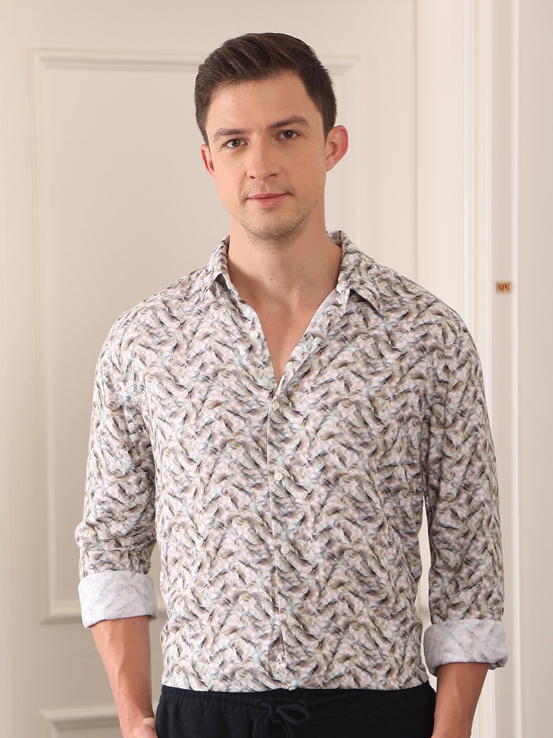 

POE Classic Slim Fit Abstract Printed Spread Collar Linen Casual Shirt, Beige