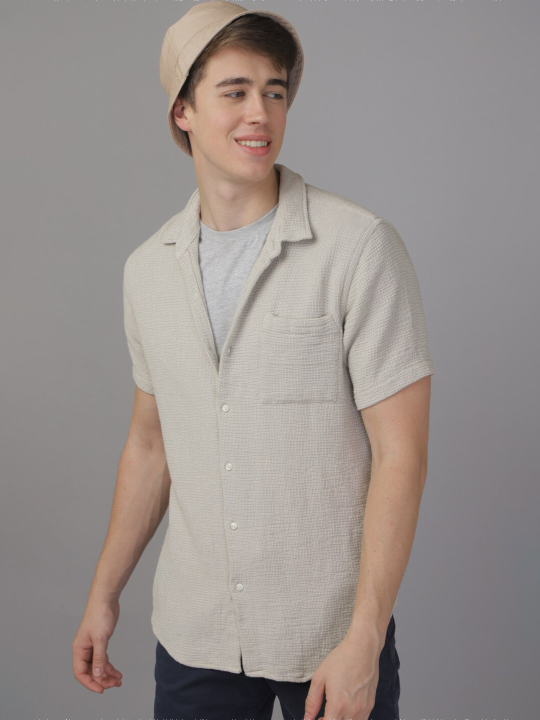 

POE Classic Slim Fit Spread Collar Linen Casual Shirt, Beige