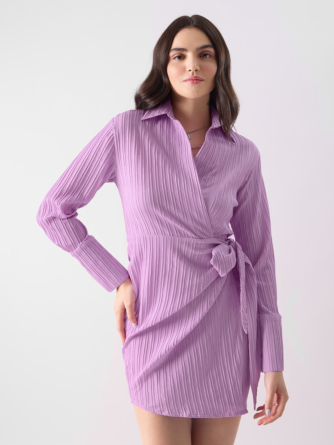 

The Souled Store Purple Self Design Shirt Collar Cuff Sleeves Wrap Mini Dress