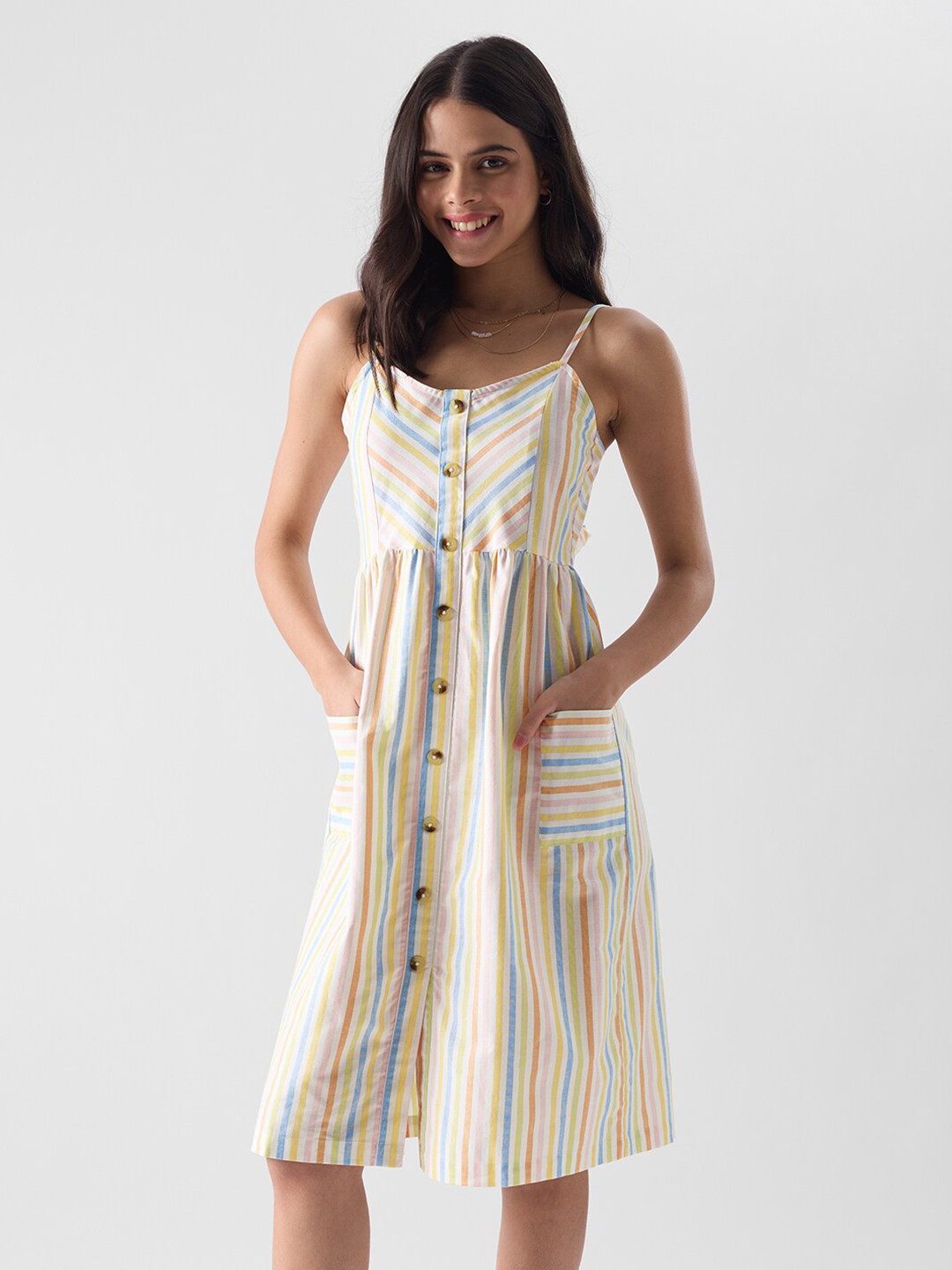 

The Souled Store White & Blue Striped Pure Cotton Fit & Flare Dress